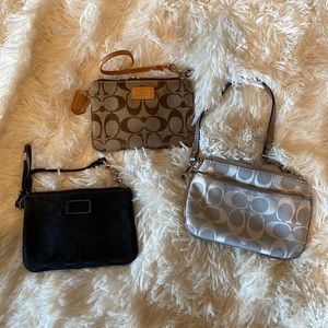 3 Coach cloth wristlets: Black, Tan and silver. All nearly new. No flaws.